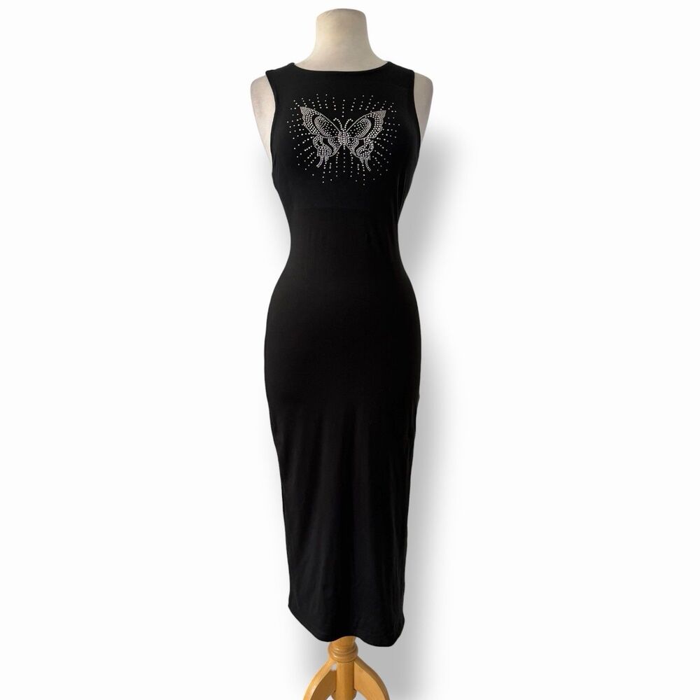 Vtg Y2K Justify Rhinestone Butterfly Black Maxi Tank Dress Bodycon Slit Large